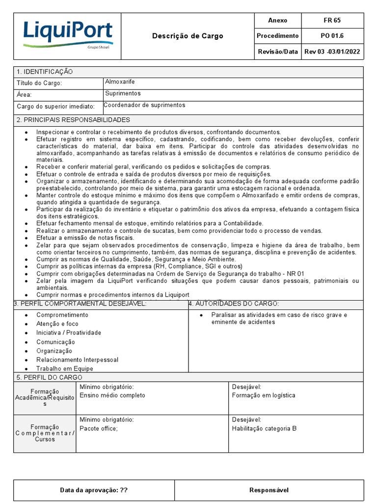 Descrição do Cargo de Almoxarife | PDF