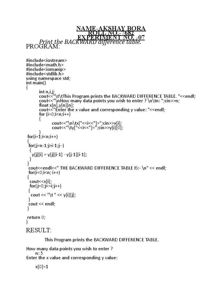 Program to calculate and print the backward difference table pdf