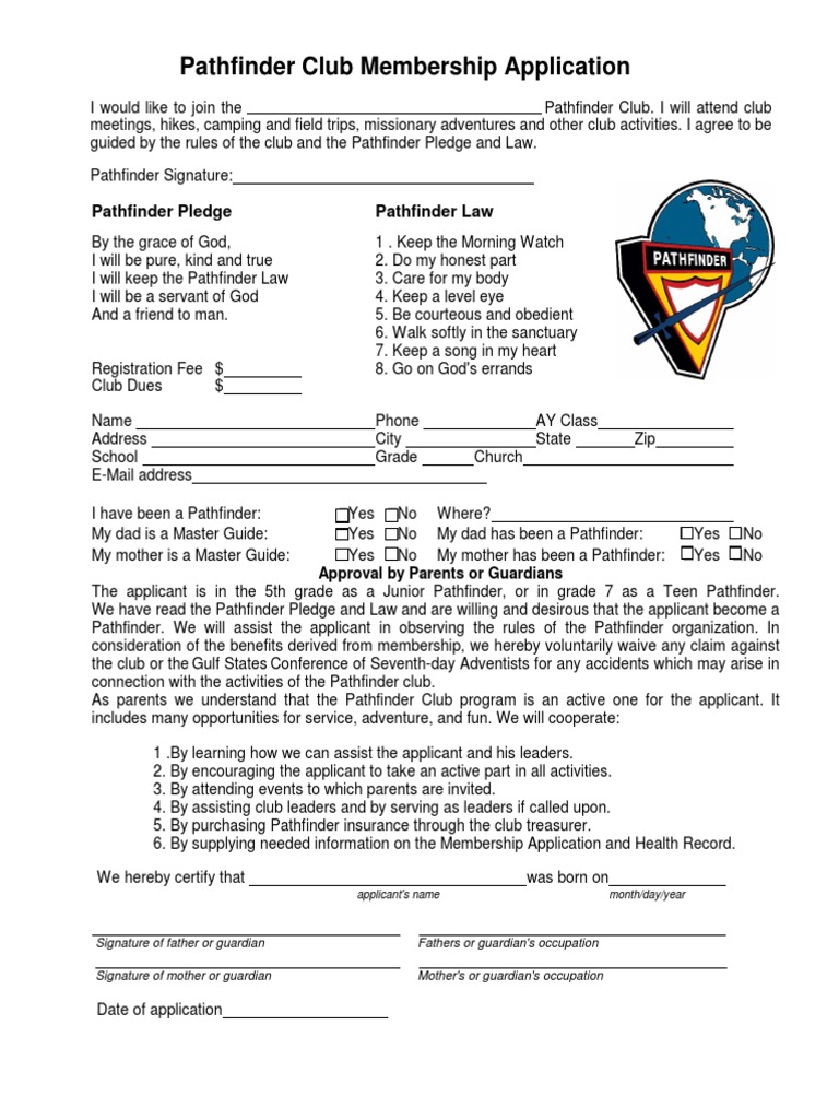 Pathfinder Club Membership Application | PDF | Christian Organizations ...