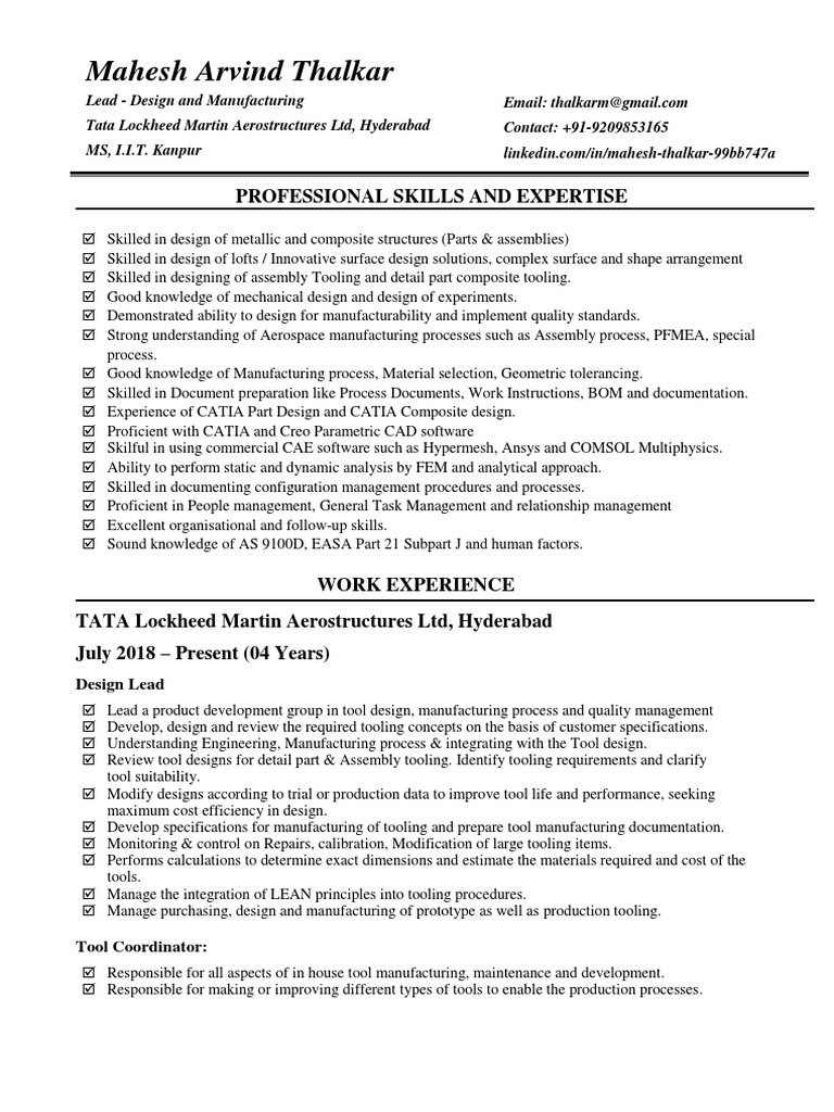 Mahesh Thalkar-Design & Manufacturing Engineer-July-22 PDF | PDF ...