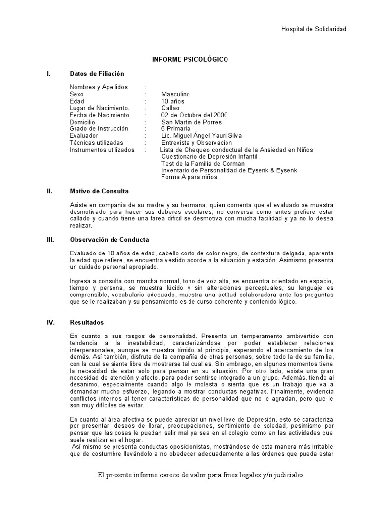 EJEMPLO Informe Psicologico de Andy | PDF | Las emociones | Depresión ...