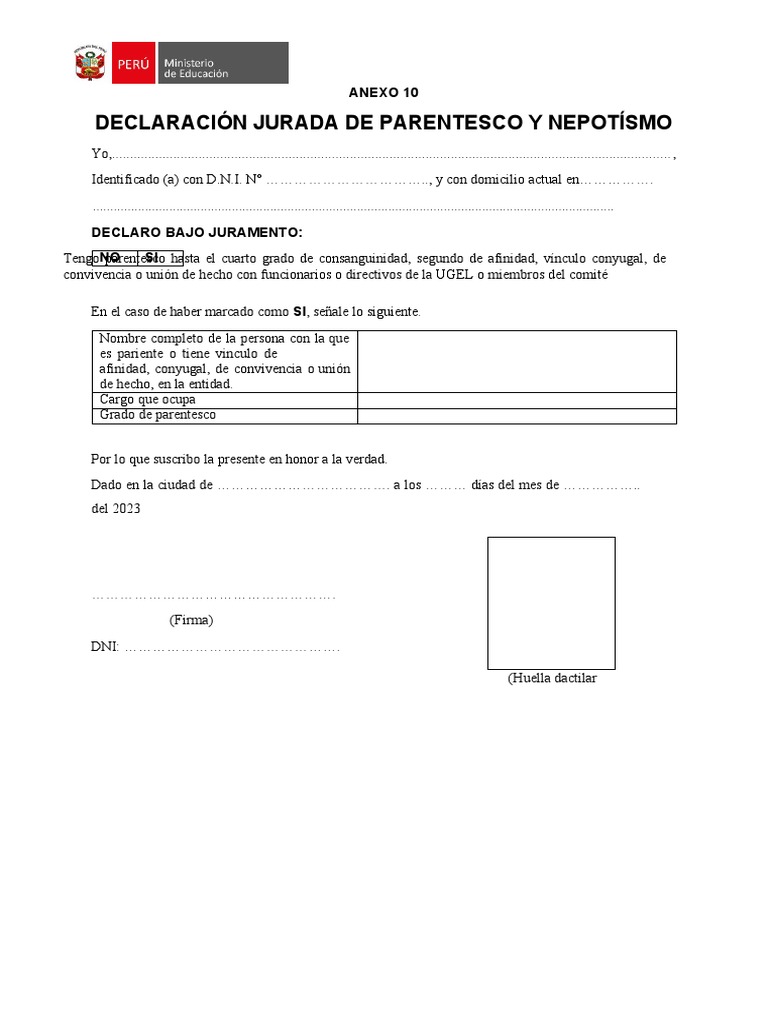 Anexo 10 - Declaración Jurada de Parentesco y Nepotísmo | PDF