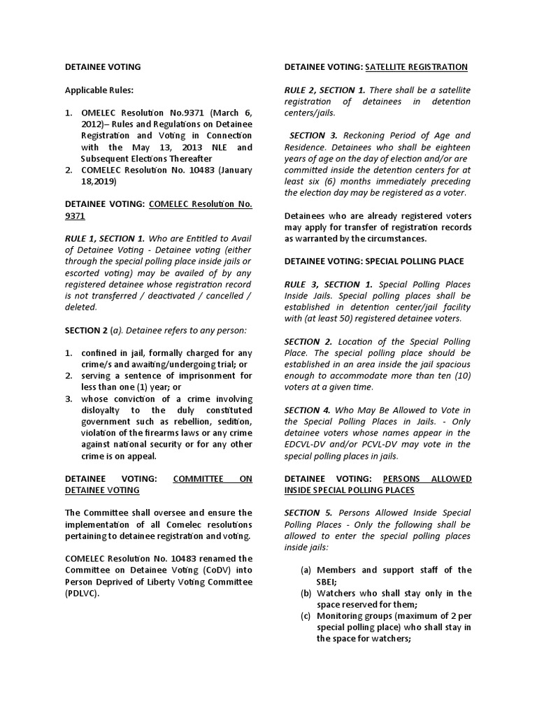 COMELEC Resolutions on Rules and Regulations for Detainee Registration