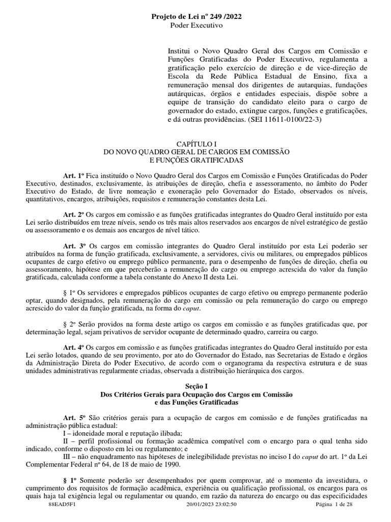 Projeto de lei no 249 2022 institui novo quadro geral de cargos em