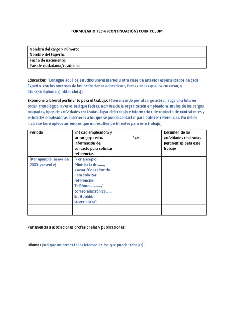 Formulario TEC-6: Currículum Experto | PDF