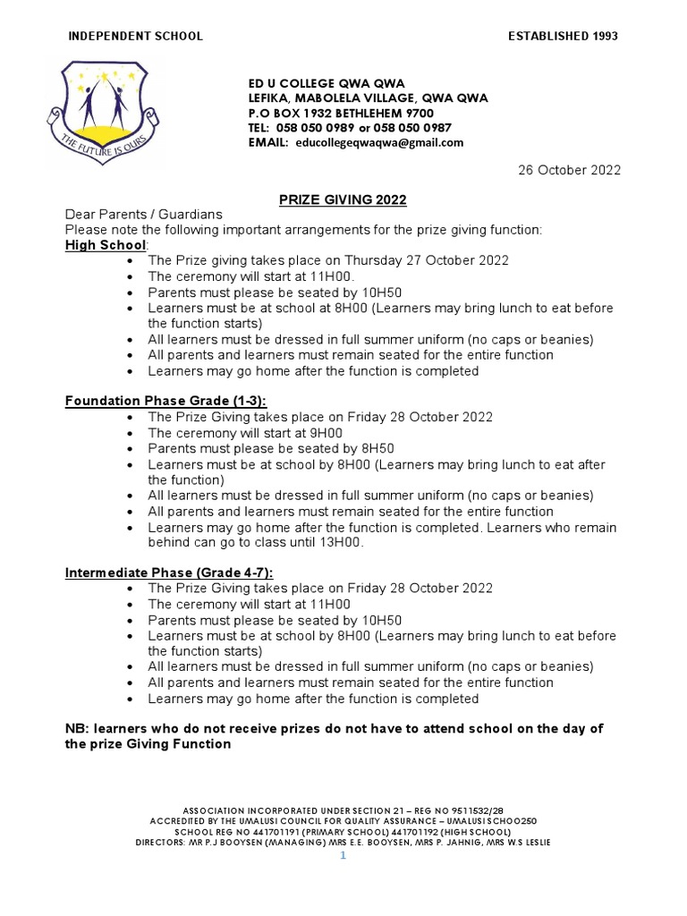 Prize Giving Information | PDF | Clothing | Uniforms