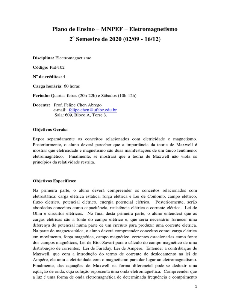 Plano de Ensino: Eletromagnetismo 2020 | PDF | Magnetismo | Eletricidade
