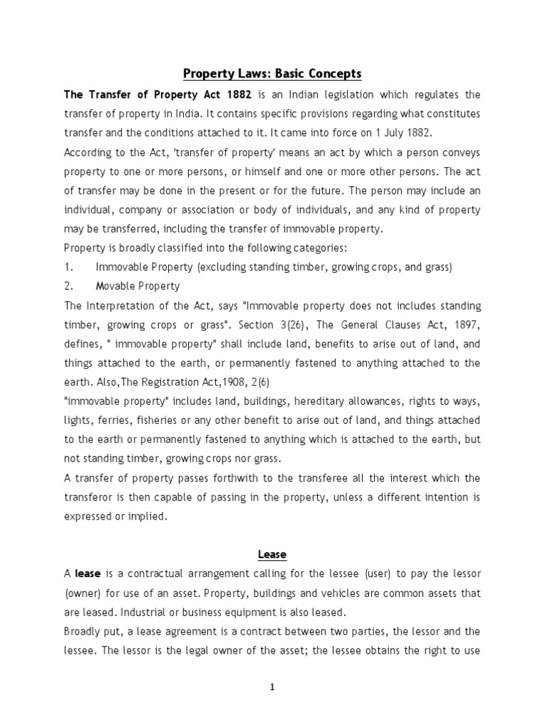 An Overview of Key Property Law Concepts in India such as Transfer of Property, Classification