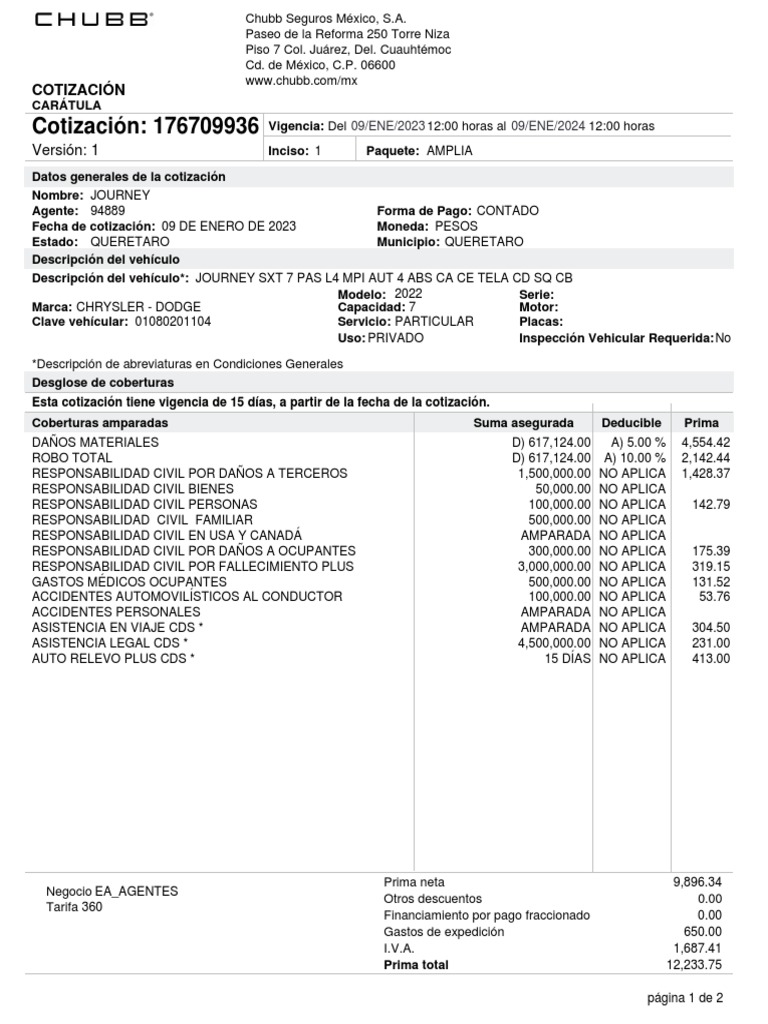 Cotización de seguro de auto para un Chrysler Journey 2022 en Querétaro