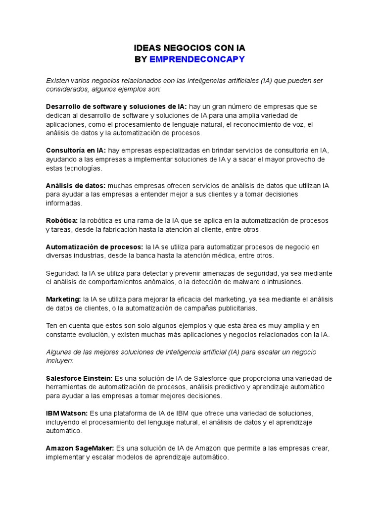 Ideas de Negocios con IA | PDF | Inteligencia artificial | Inteligencia ...