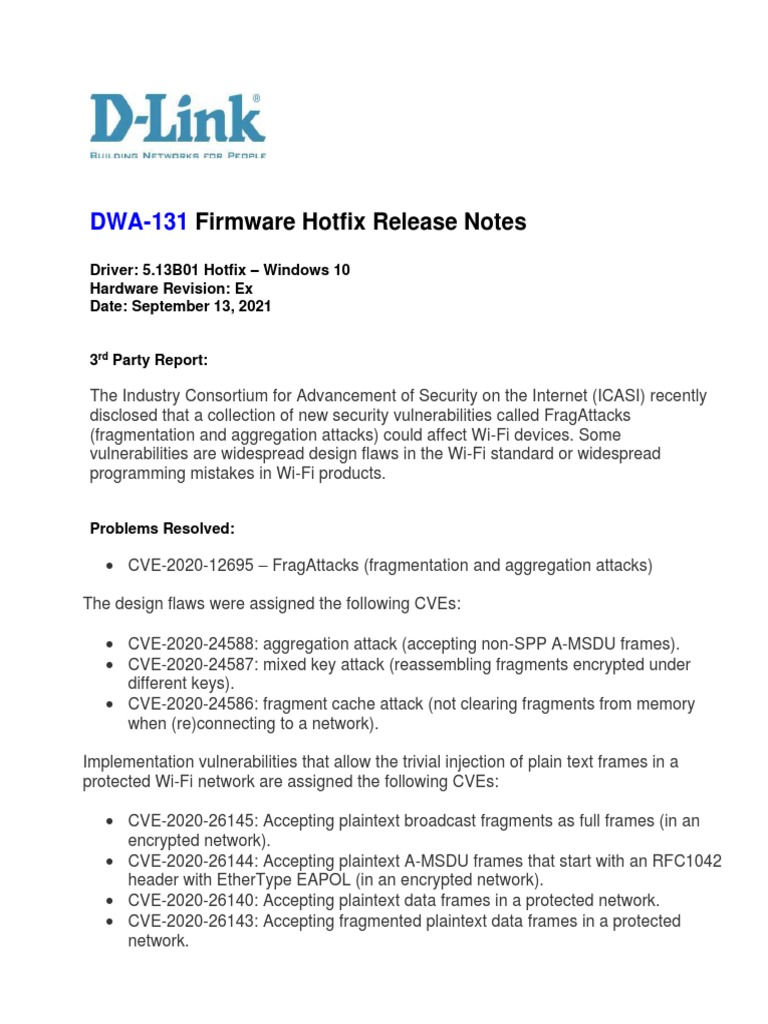 DWA-131 REVE RELEASE NOTES v5.13B01 HOTFIX WINDOWS | PDF | Computer ...