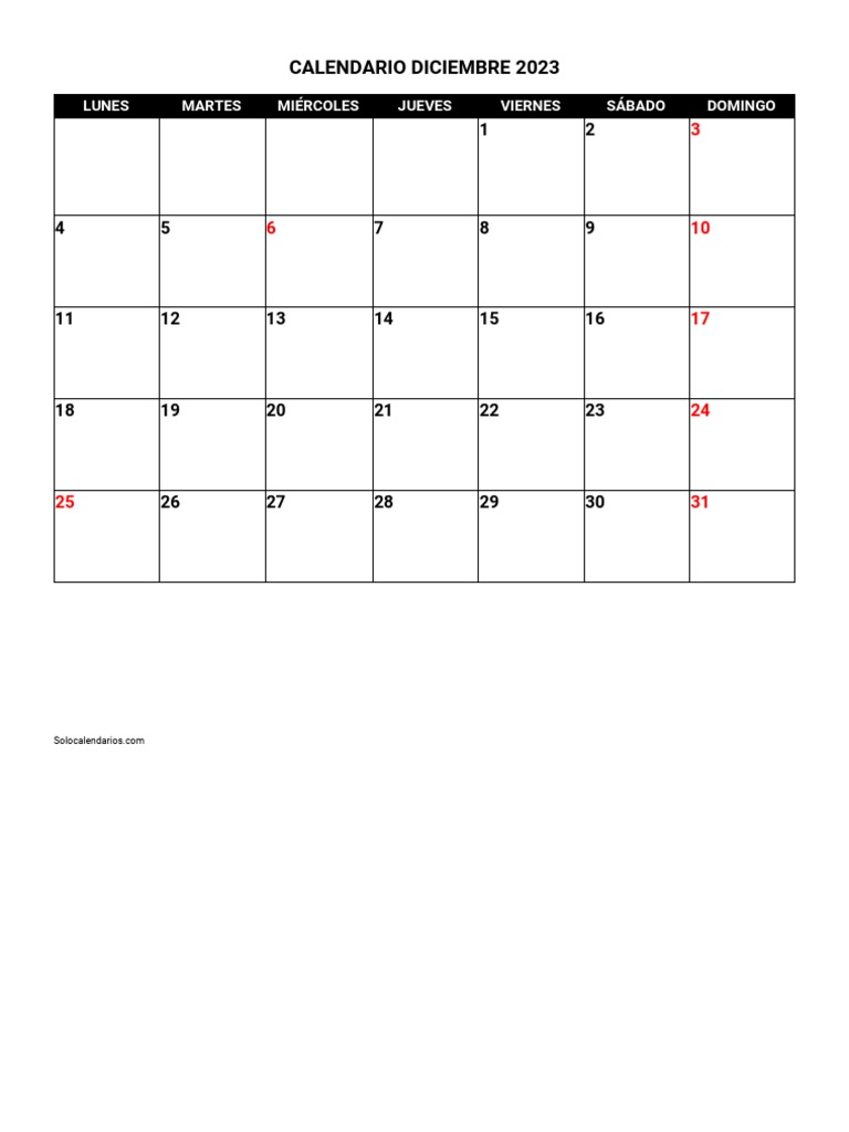 Calendario Diciembre 2023 PDF