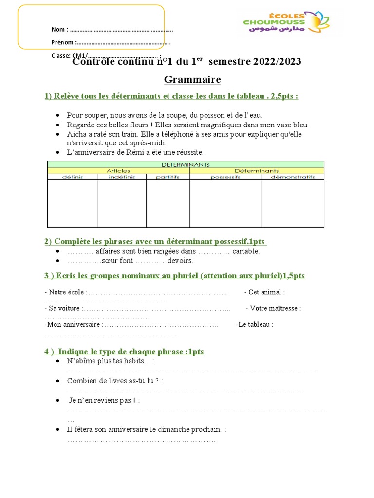Évaluation Grammaire CM1 : Déterminants | PDF | Maison et jardin