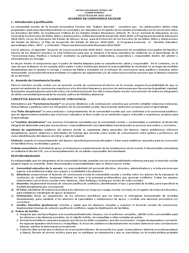 Acuerdo de Convivencia Escolar 2022-2023 | PDF | Evaluación | Maestros