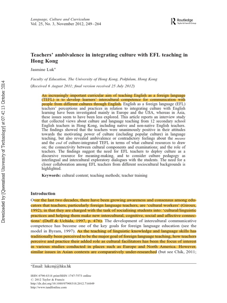 EFL Teachers' Cultural Integration in Hong Kong | PDF | English As A ...