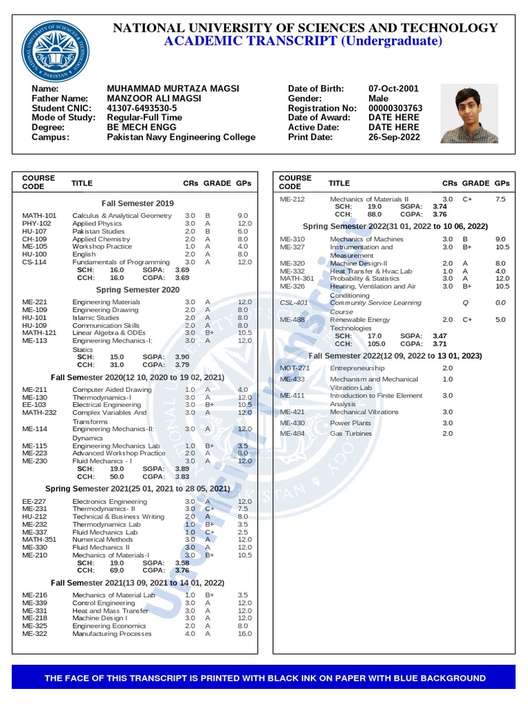 NUST Transcript for Muhammad Murtaza | PDF | Engineering | Applied And ...