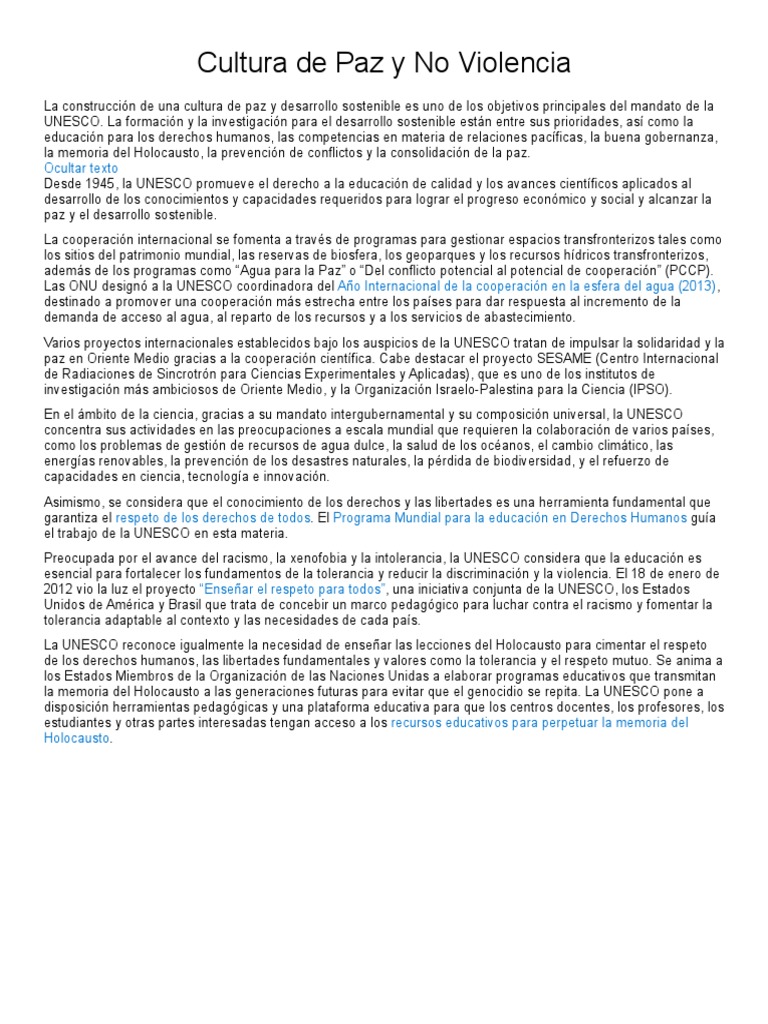 Cultura de Paz y No Violencia | PDF | Desarrollo sostenible | Unesco