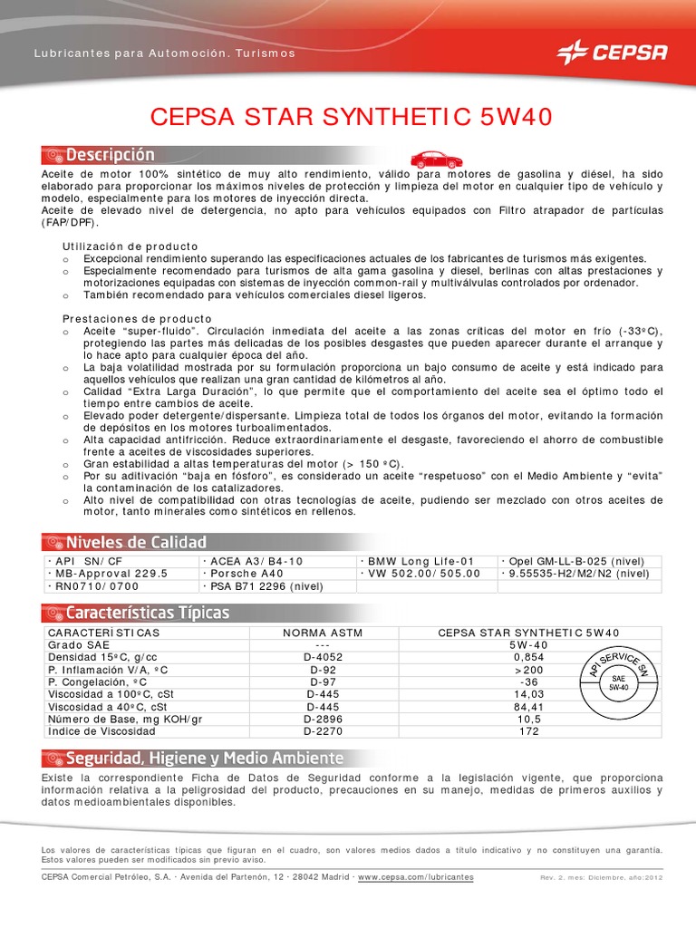 CEPSA STAR SYNTHETIC 5W40 - v4 | PDF | Motor diesel | Inyección de ...