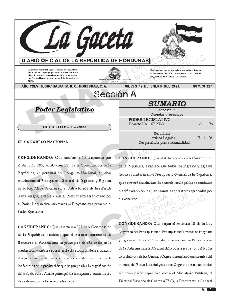 Gaceta 12 de Enero de 2023, 36,127 Seccion A PDF Impuesto sobre la