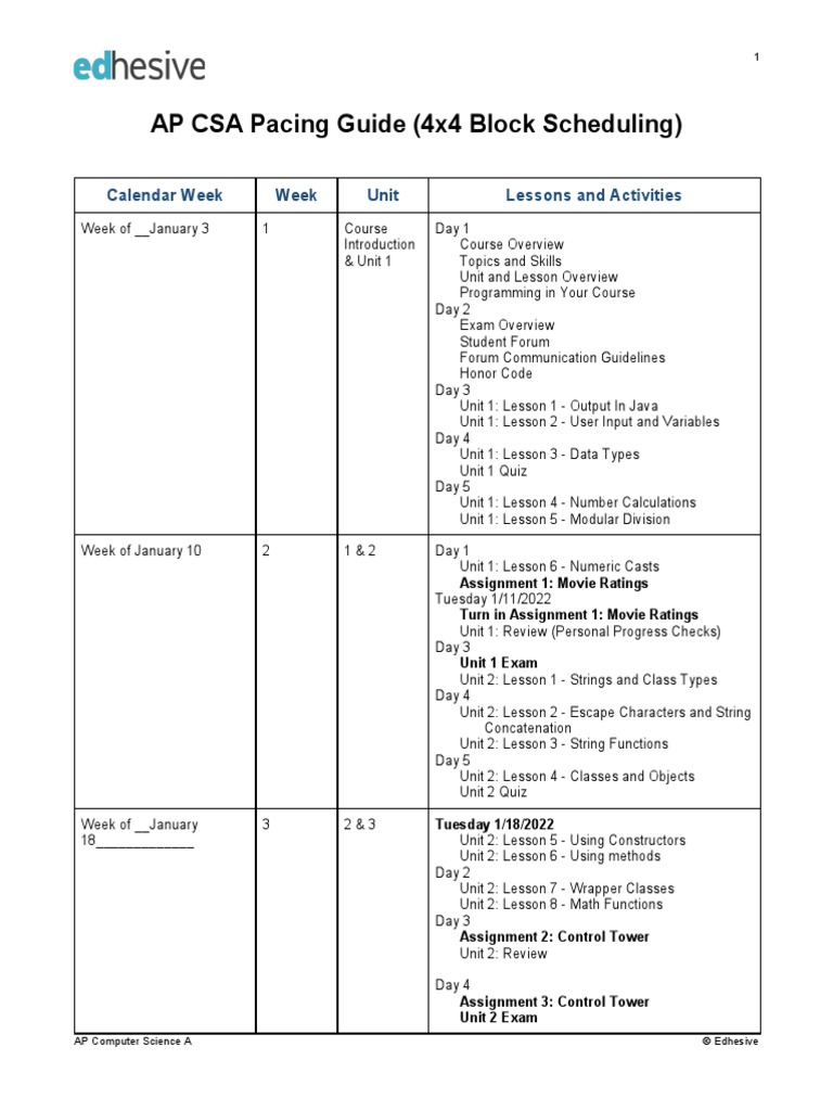 AP CS A Pacing Guide | PDF | Array Data Structure | Constructor (Object ...