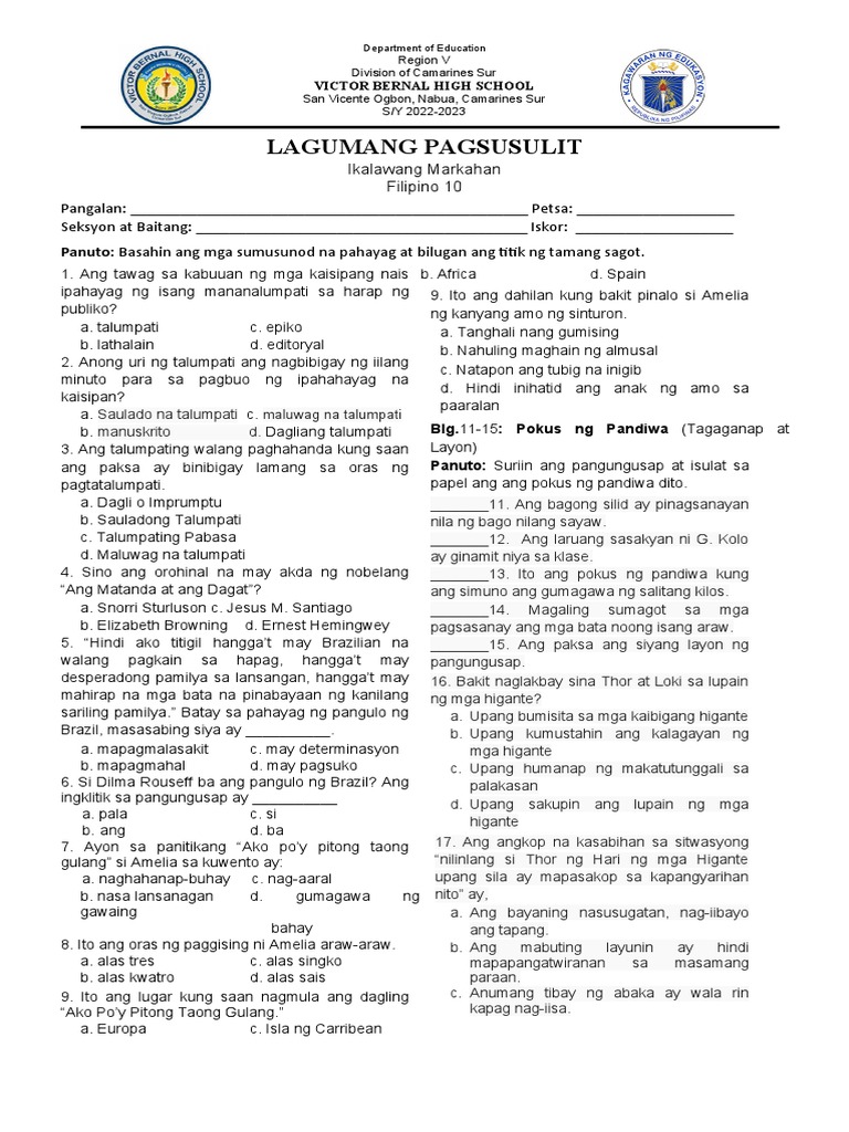 LAGUMANG PAGSUSULIT Key To Correction | PDF