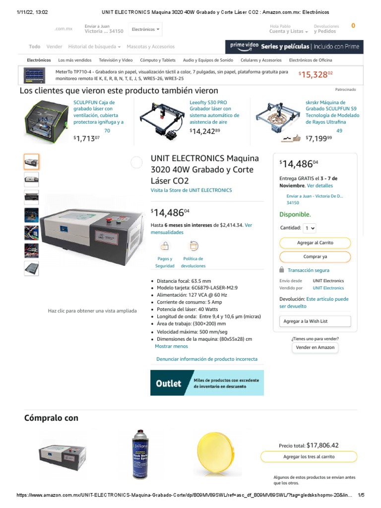 UNIT ELECTRONICS Maquina 3020 40W Grabado y Corte Láser CO2 - Amazon ...