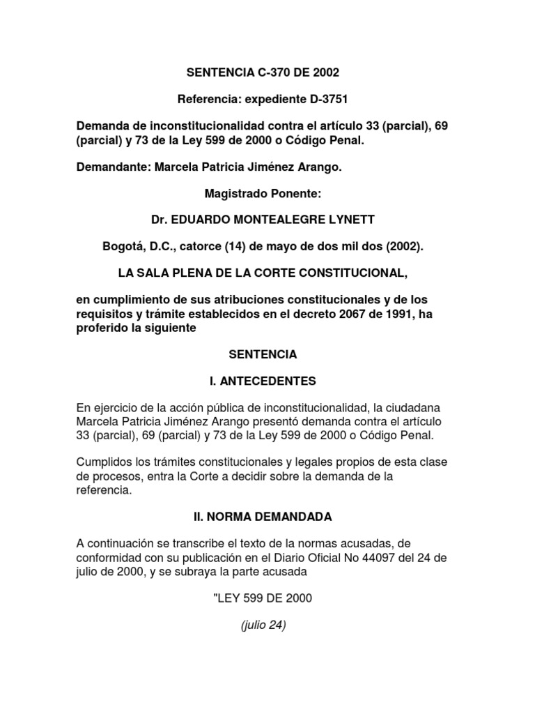 Sentencia C-370 de 2002 Diversidad Sociocultural | PDF | Derecho penal