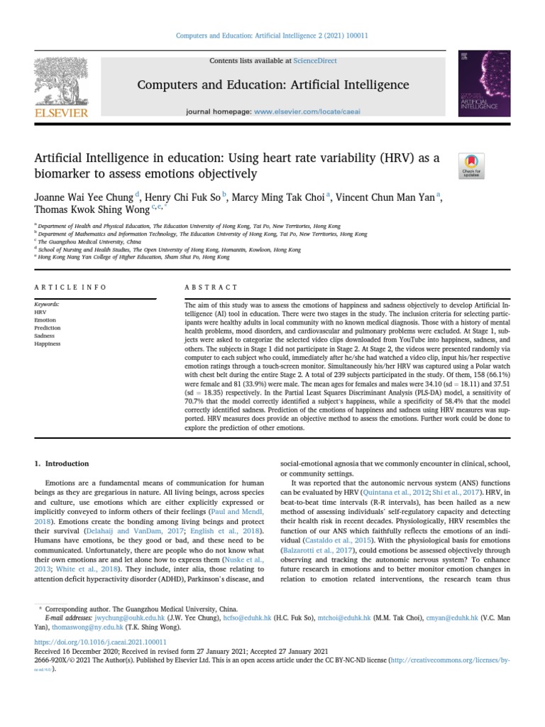 Artificial Intelligence in Education Using Heart - 2021 - Computers and ...