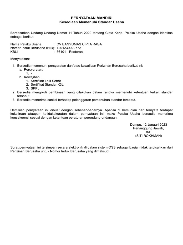 Pernyataan Mandiri Pemenuhan Standar Usaha - 56101 - CV BANYUMAS CIPTA ...