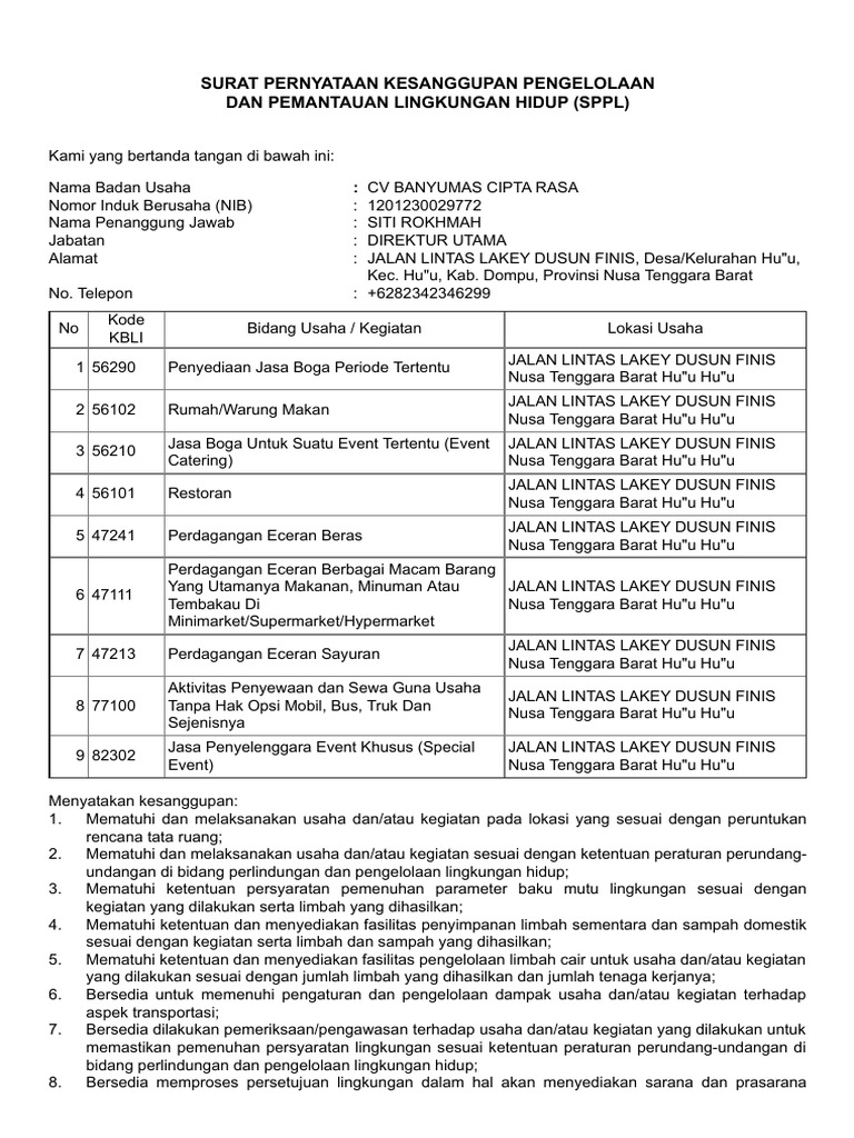 SPPL - CV Banyumas Cipta Rasa | PDF