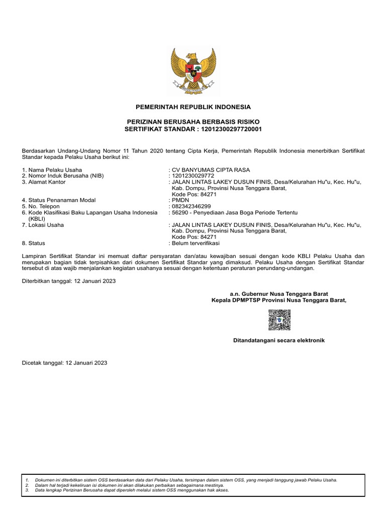 Sertifikat Standar - 56290 - CV Banyumas Cipta Rasa | PDF