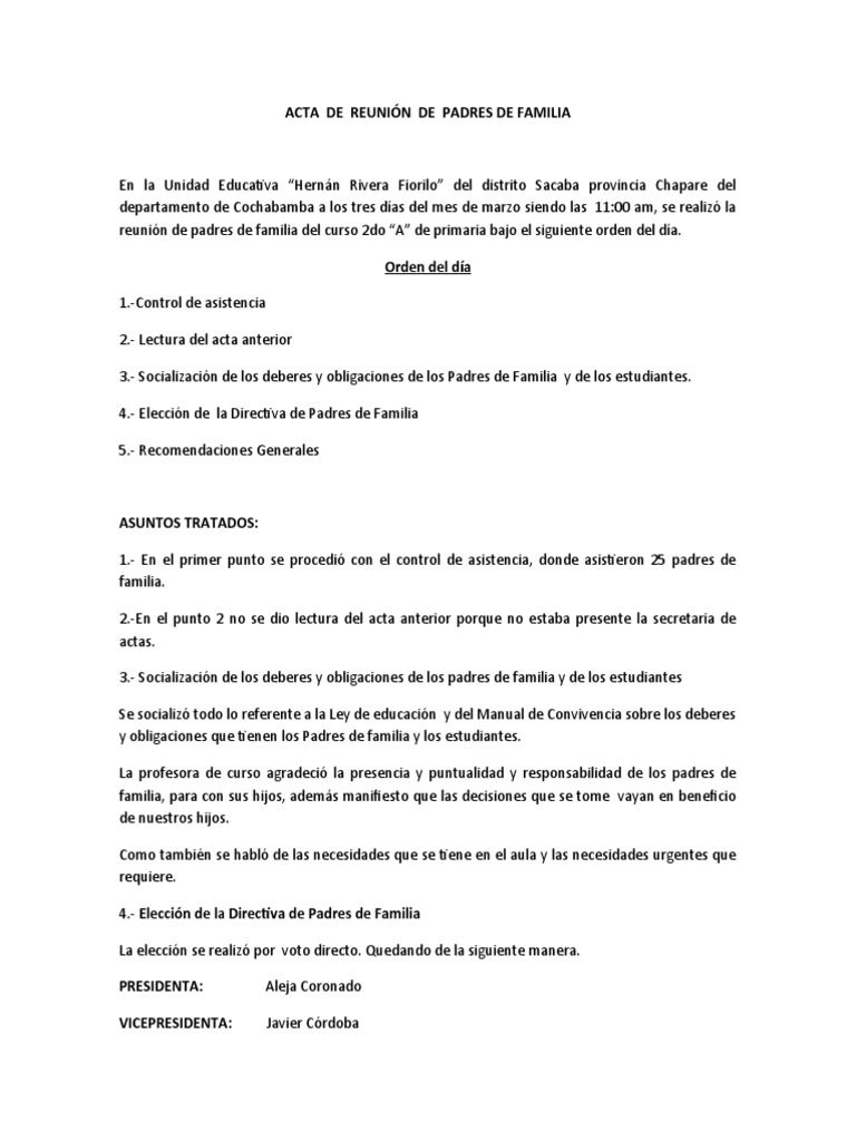 Acta de Reunión de Padres de Familia | PDF