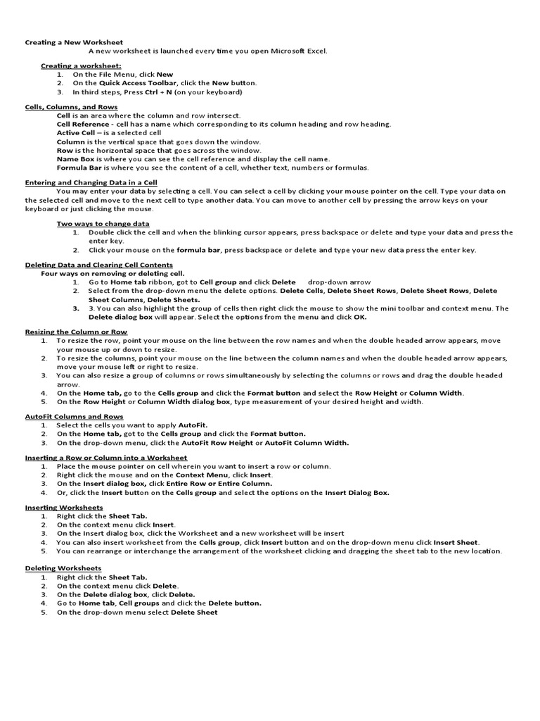 Hand outs creating a new worksheet pdf menu computing computer