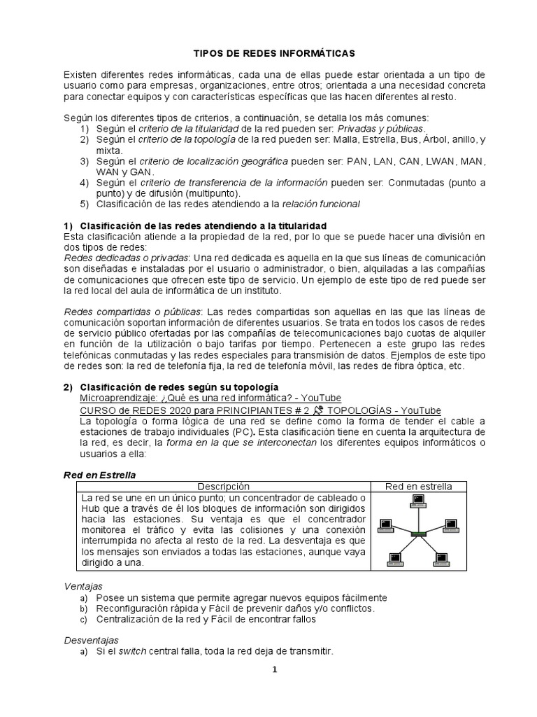 Tipos y Clasificación de Redes Informáticas | PDF | Red de computadoras ...