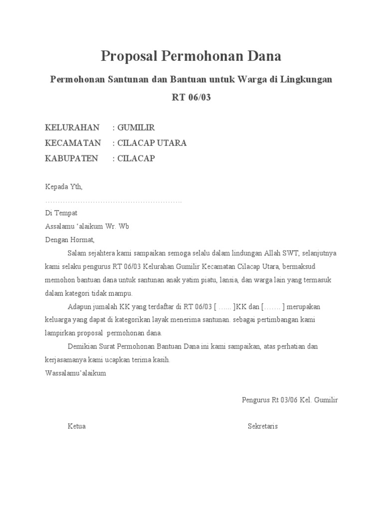 Proposal Permohonan Bantuan Dana RT | PDF | Pengelolaan Keuangan & Uang ...