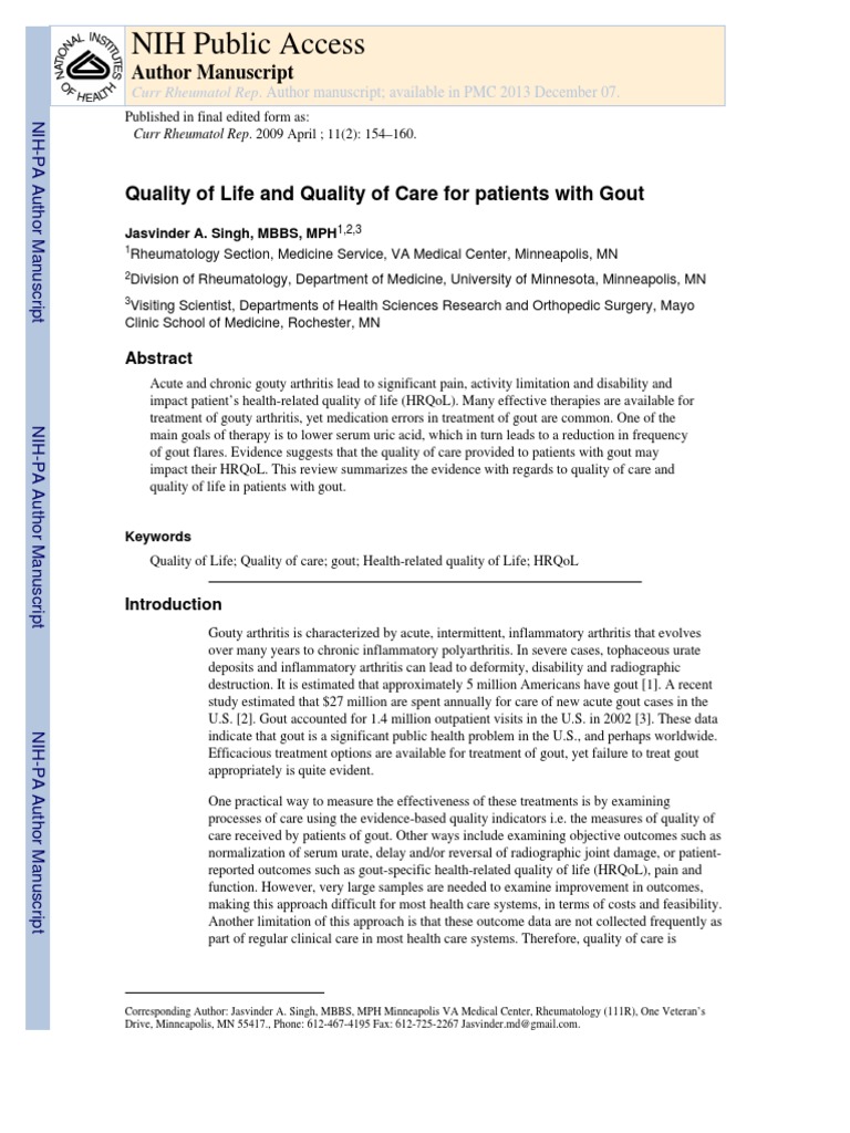 Quality of Life and Quality of Care for Patients with Gout An Analysis
