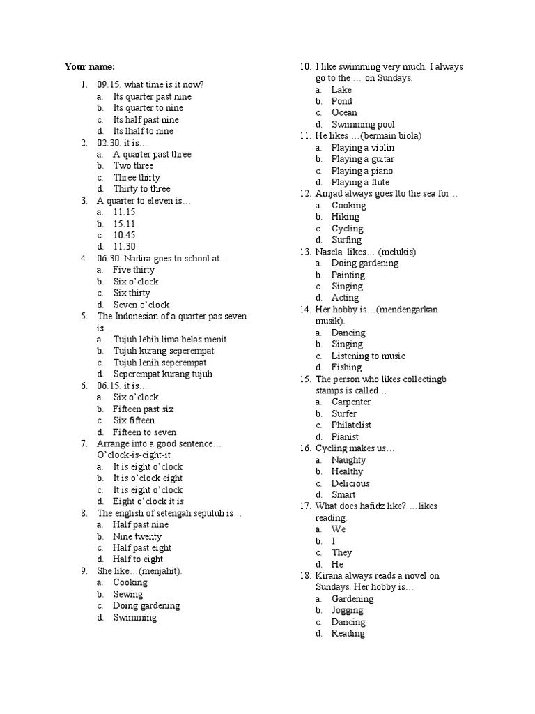 A collection of time hobby and daily activity questions with english