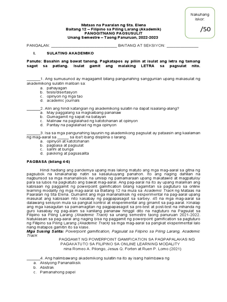 Pagsusulit Sa Filipino | PDF