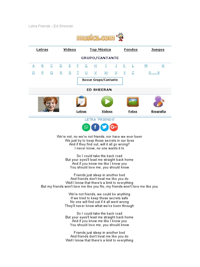 Letra Friends - Ed Sheeran: Letras Ví Deos Top Música Fondos Juegos | PDF