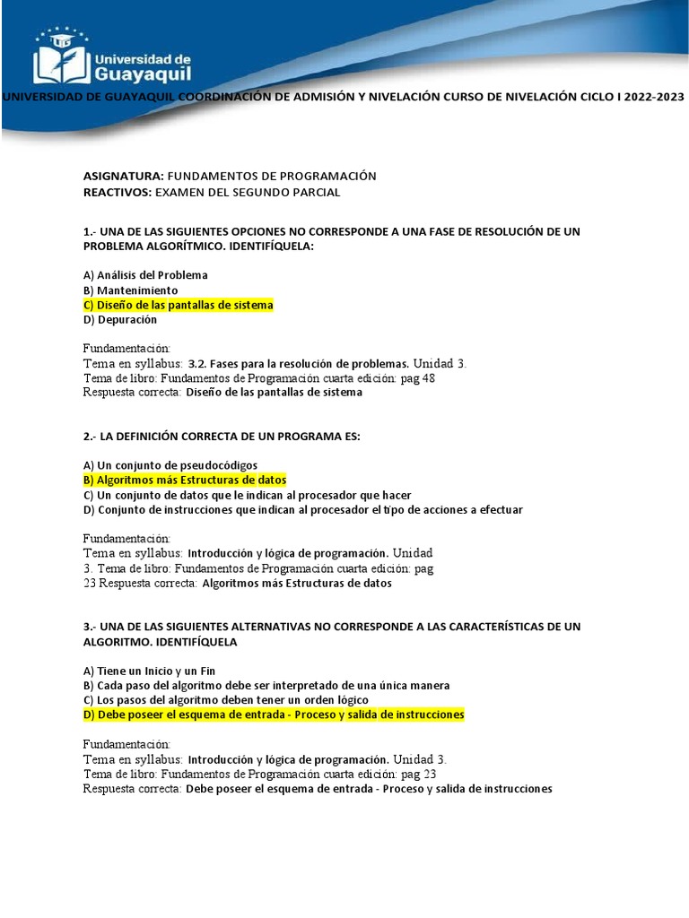 Reactivos Examen Segundo Parcial Programación | PDF | Algoritmos ...