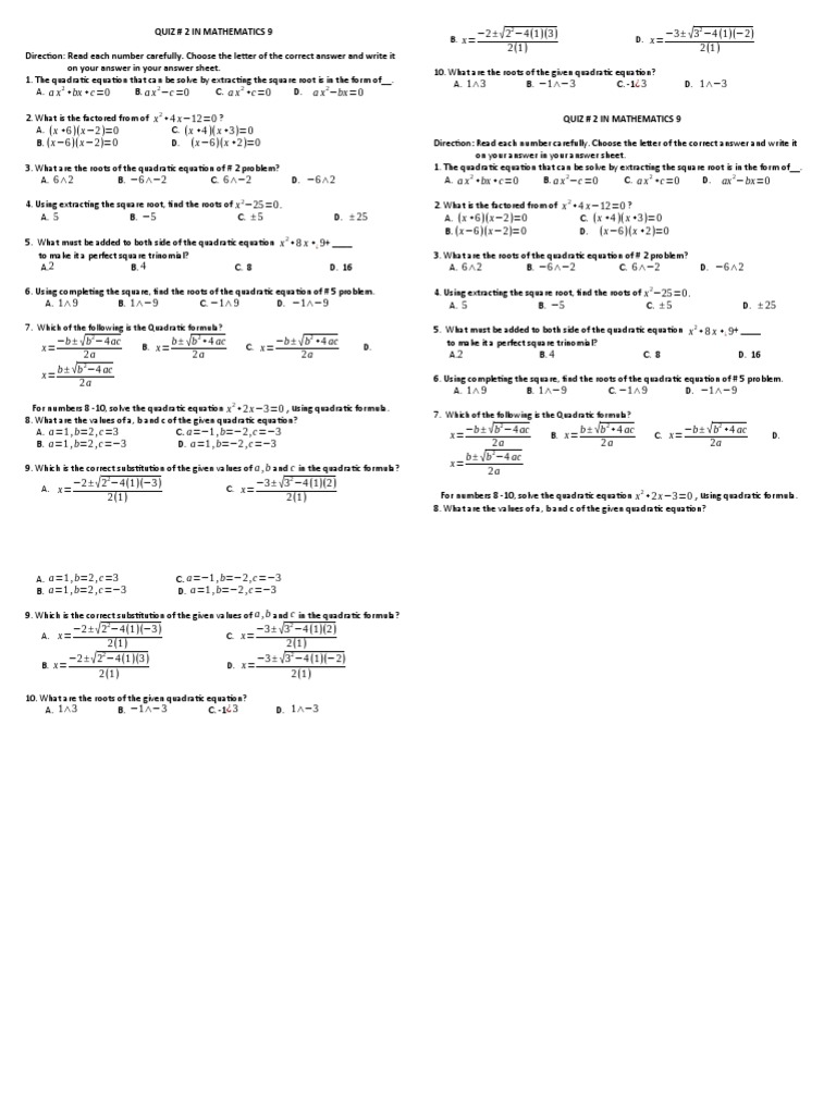 Quiz 2 Pdf Quadratic Equation Mathematical Objects
