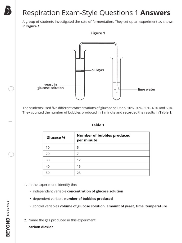 Respiration Exam-Style Questions 1 Answers | PDF