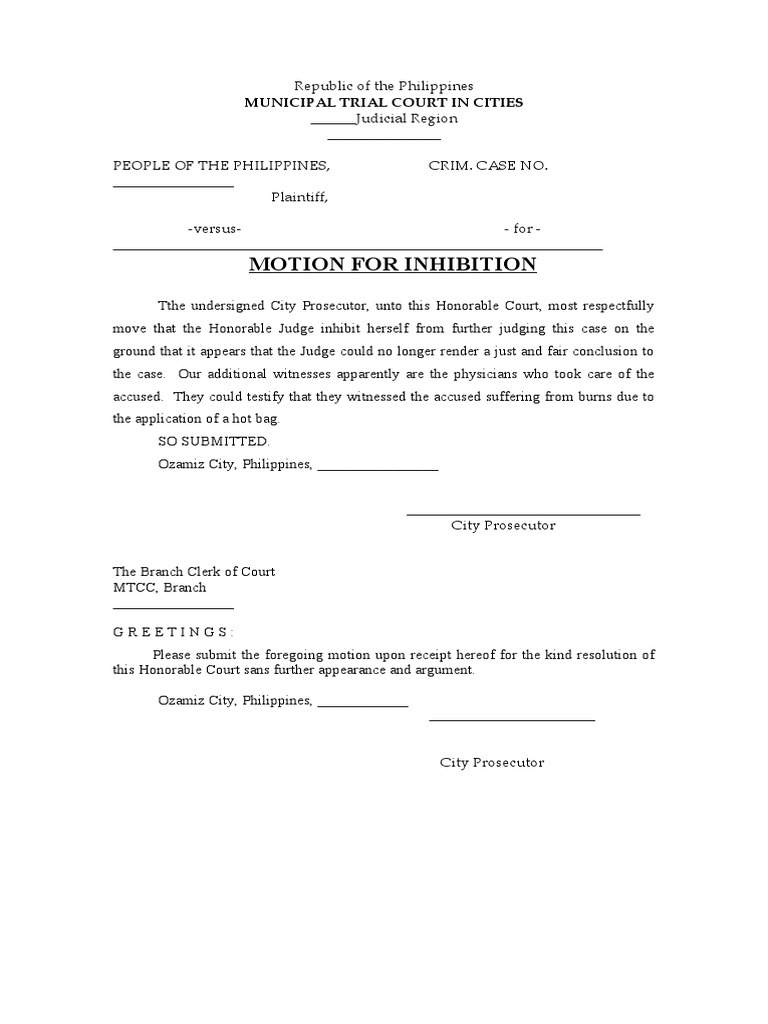 Motion for Inhibition Request | PDF