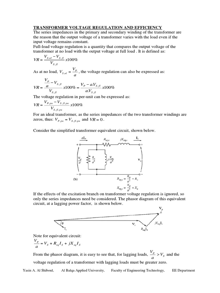 Transformer Voltage Regulation & Efficiency | PDF | Transformer ...