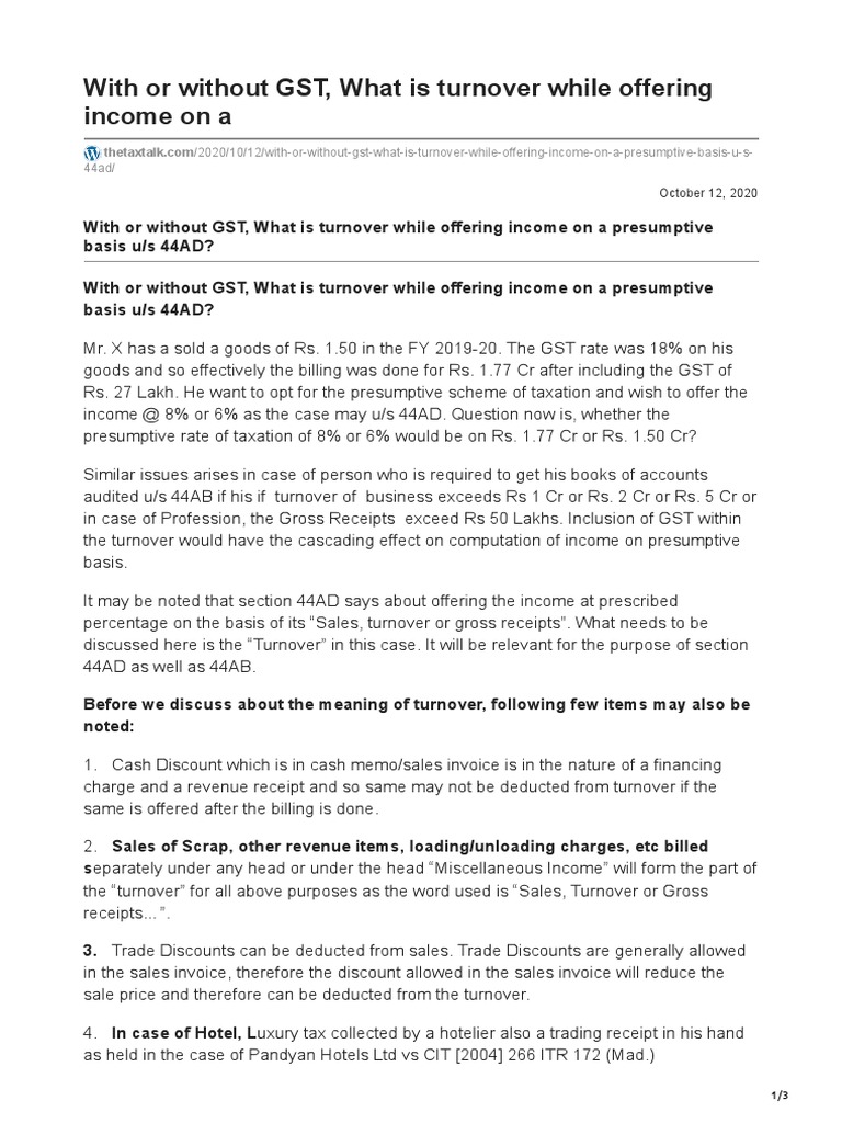 With or without gst what is turnover while offering income on a pdf