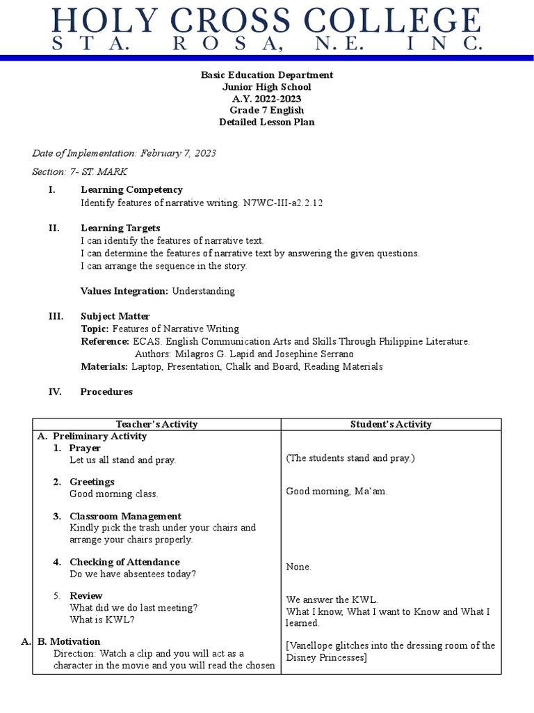 Grade 7 English Narrative Writing Plan | PDF | Narration | Plot (Narrative)