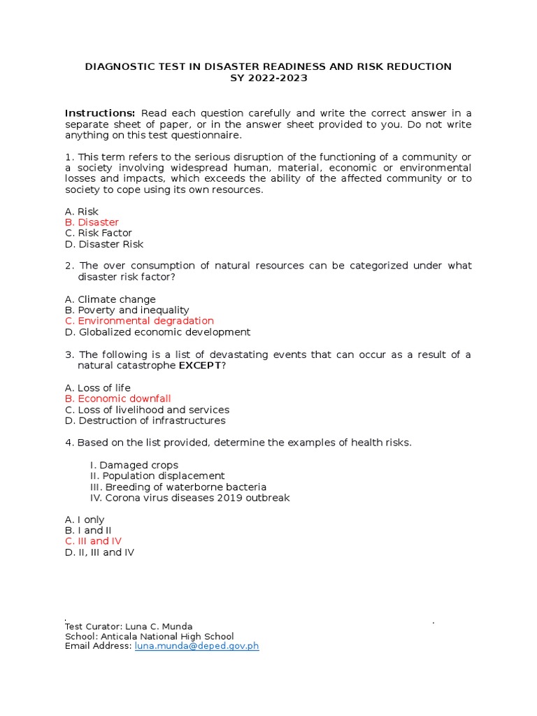 Diagnostic Test on Disaster Readiness | PDF | Volcano | Emergency ...