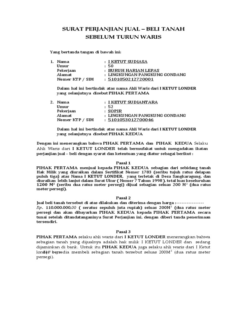 Surat Perjanjian Jual Beli Tanah Warisan | PDF