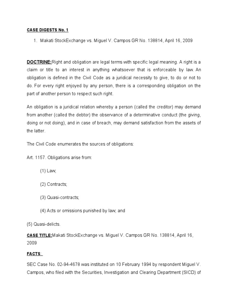 CD1. 1. Makati Stock Exchange vs. Miguel v. Campos GR No. 138814, April