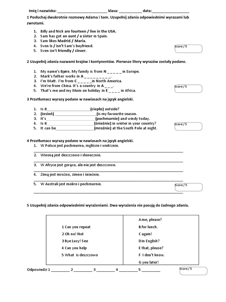 Klasa 5 Test Unit 1 | PDF
